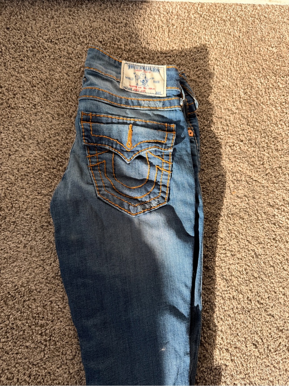 True Religion Skinny Jeans in Medium Blue with Orange Stitching